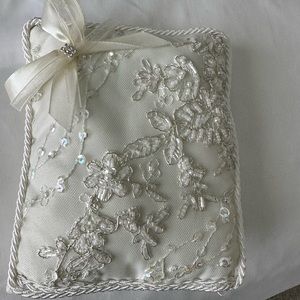 Beautiful hand beaded bridal ring, bear pillow.